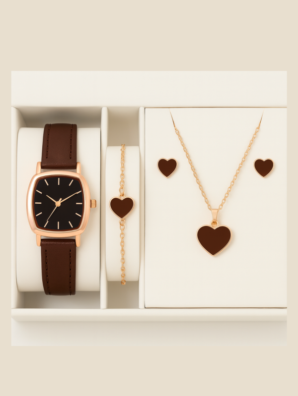 Heart Charm Watch & Jewelry Set | Elegant 4-in-1 Rose Gold & Maroon Gift for Women