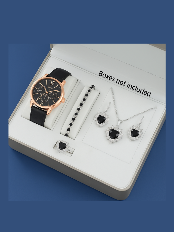 Royal Noir Watch & Jewelry Set | 5-in-1 Black Heart Silver Gift Set for Women