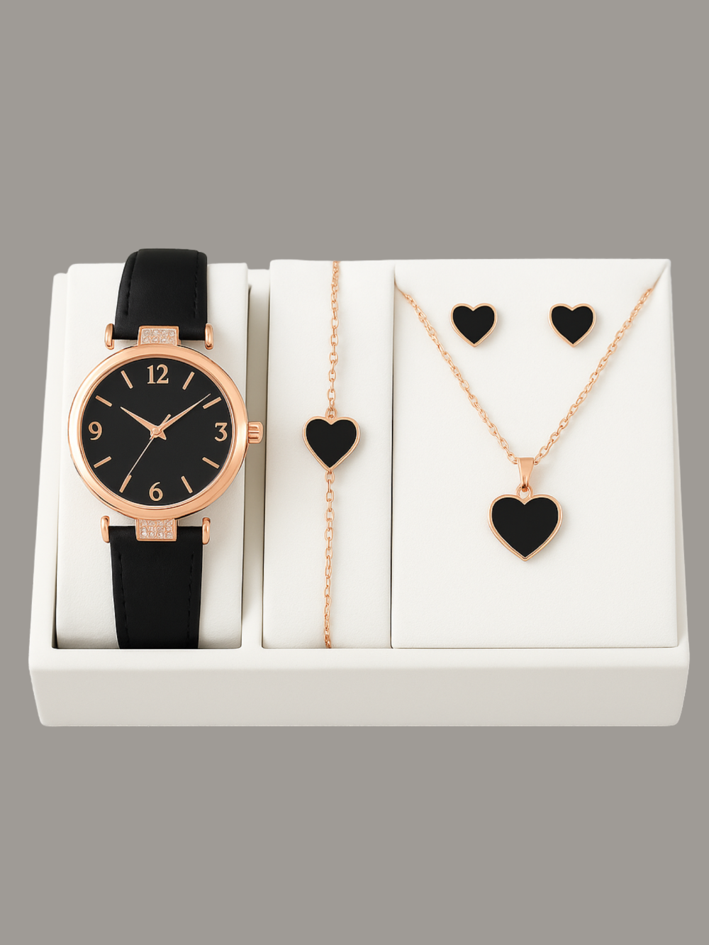 Black Heart Watch & Jewelry Set | Elegant 4-in-1 Gift Combo for Women – Rose Gold & Black