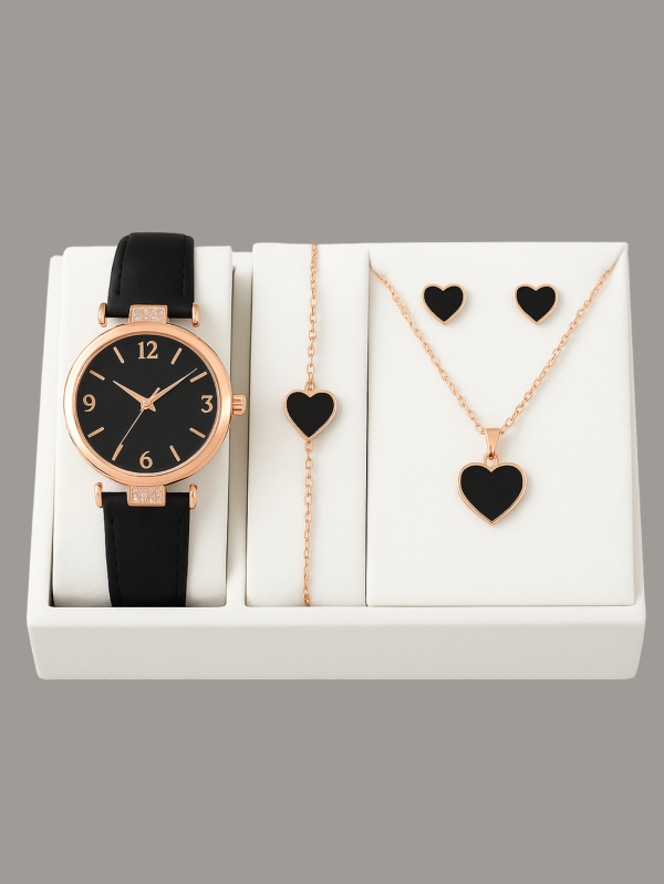 Black Heart Watch & Jewelry Set | Elegant 4-in-1 Gift Combo for Women – Rose Gold & Black