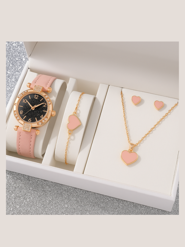 Pink Heart Watch & Jewelry Set | Elegant 4-in-1 Gift for Women in Rose Gold & Blush