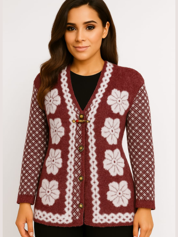 Maroon & White Floral Knit Wool Cardigan | Cozy Winter Elegance | Timeless Floral Style
